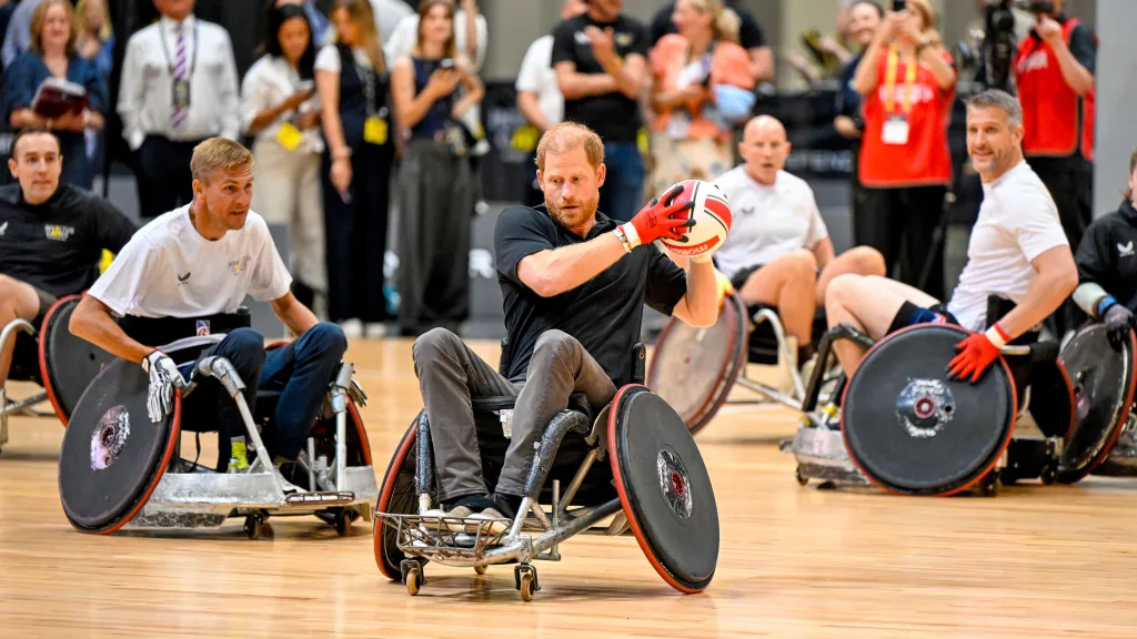 Prince Harry, in a black T-shirt and grey jeans, playing wheelchair rugby at the One Year to Go event for the Invictus Games Birmingham 2027.