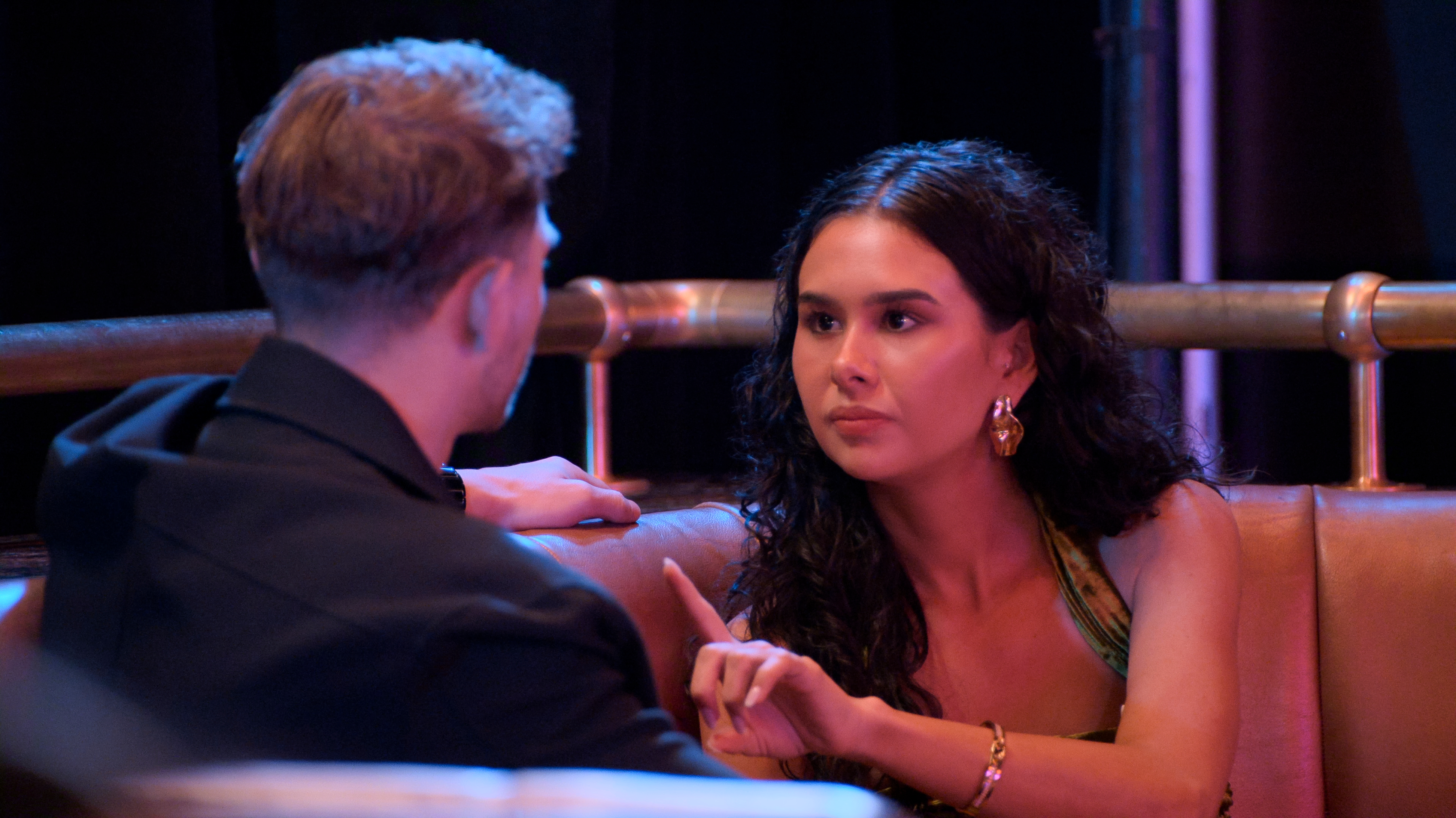 Blake Robertson and Hayley Hendrich talking on The Ultimatum: Marry or Move On.