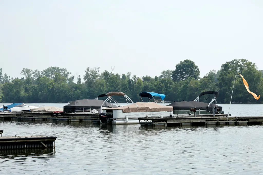 Boats moored on the Scioto River in Powell, Ohio.