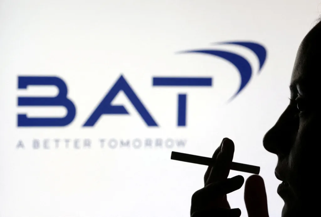 Illustration of a woman smoking in front of the British American Tobacco (BAT) logo.