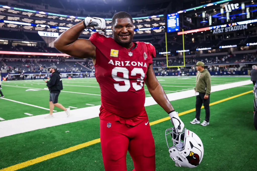 Calais Campbell reacts after the a game between the Arizona Cardinals and the Dallas Cowboys at AT&T Stadium on Nov. 3, 2025.