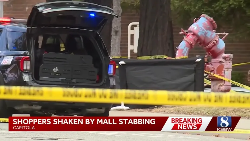 Police car with its trunk open, behind yellow caution tape, at the scene of a mall stabbing.