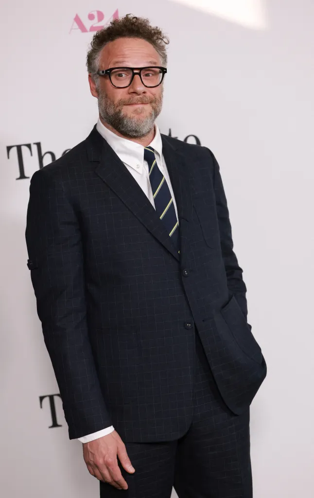 Seth Rogen in a dark checkered suit and striped tie, with a beard and glasses, attending the premiere of 