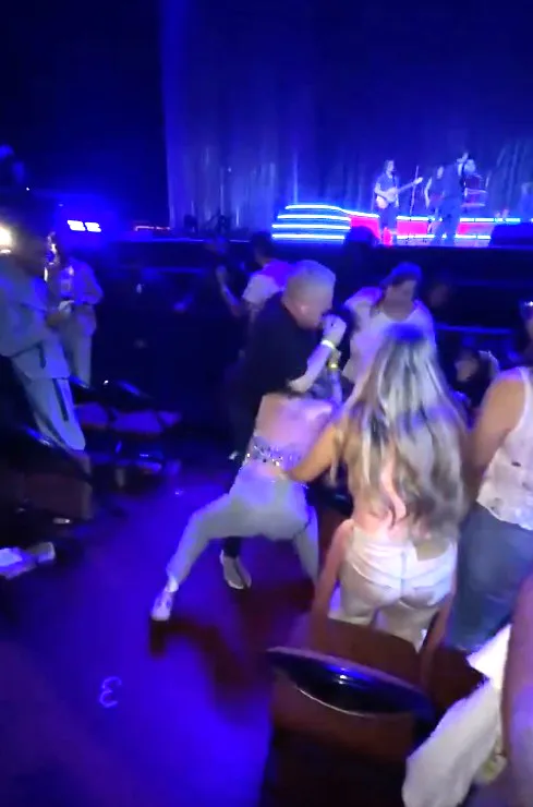 People fighting in front of a stage at the Hilary Duff Lucky Me Tour in Los Angeles.