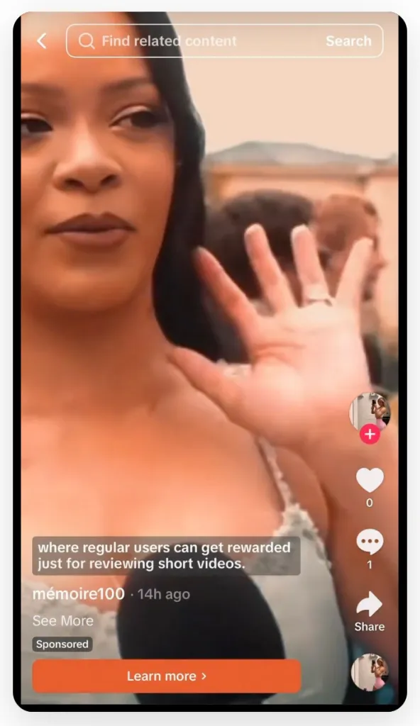 A TikTok ad showing Rihanna and text about earning rewards for reviewing short videos.