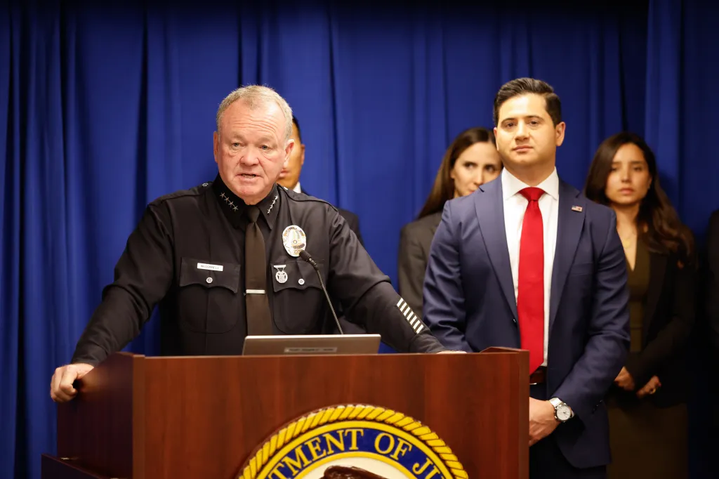 Chief of the Los Angeles Police Department Jim McDonnell speaking at a press conference.