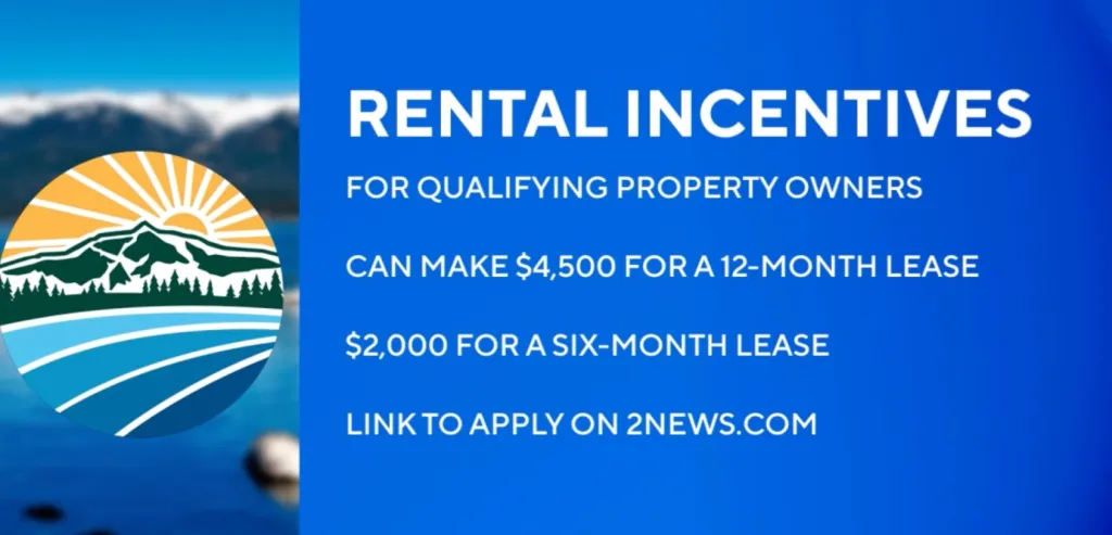 Screen displaying rental incentives for property owners, showing eligibility criteria and cash incentives for 12-month and 6-month leases, with a link to apply on 2NEWS.COM.