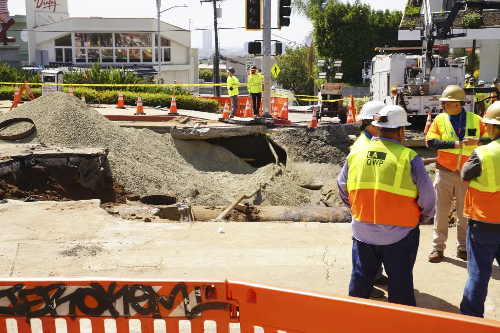 LA DWP crews repairing a sinkhole and burst water pipeline on Sunset Blvd.