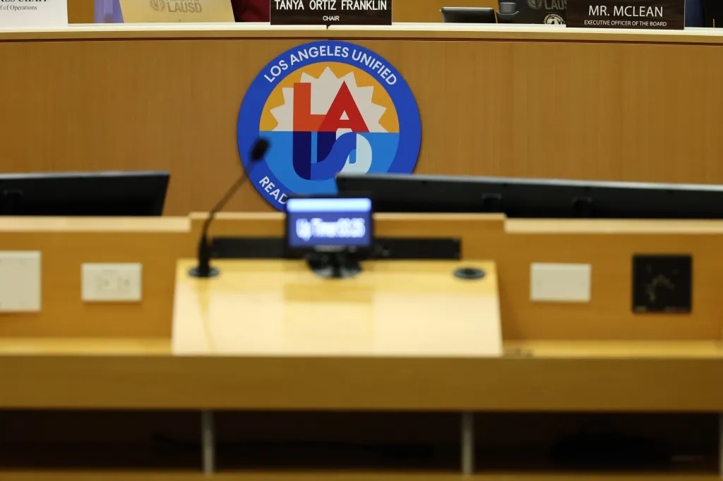 The Los Angeles Unified School District (LAUSD) logo at a school board meeting.