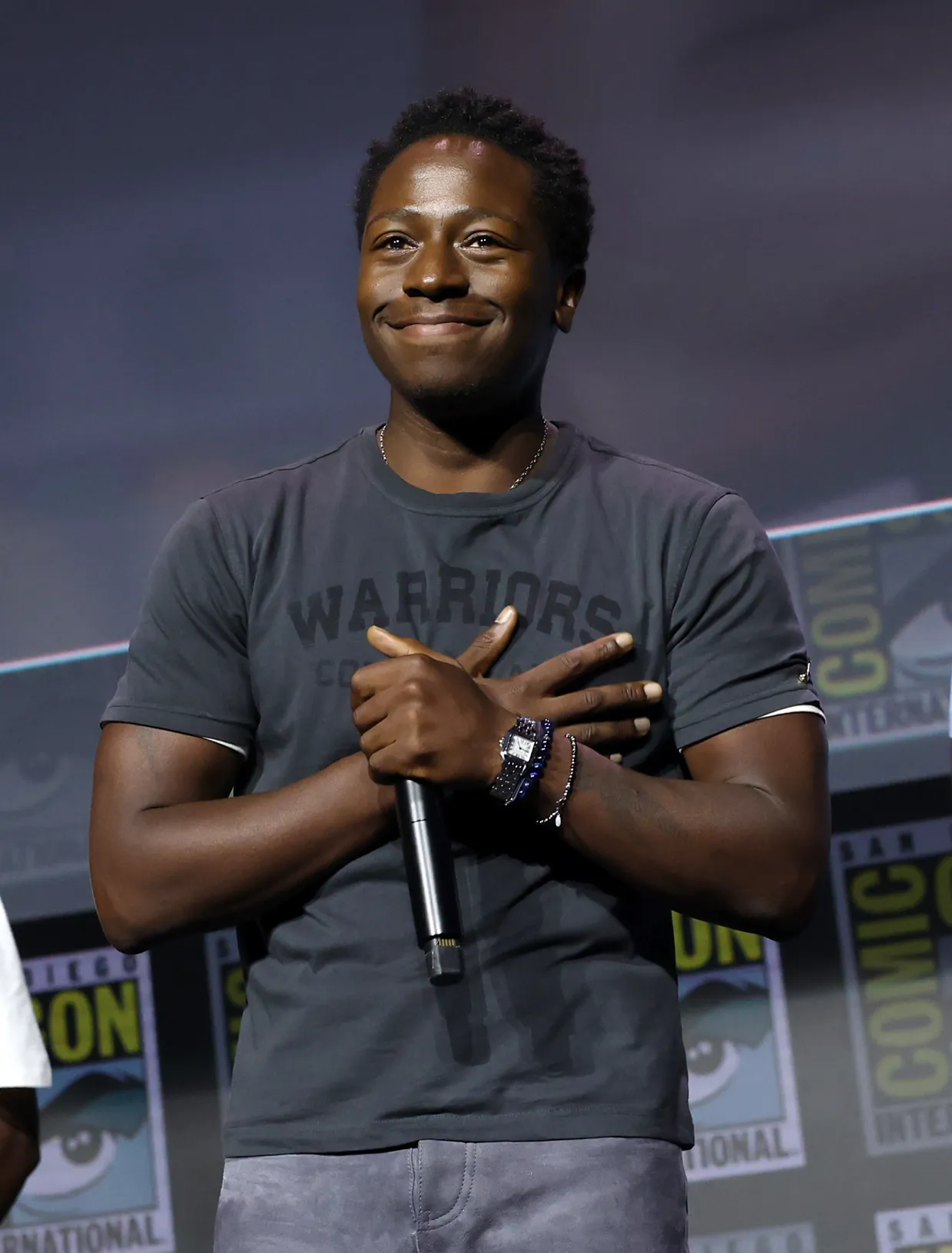 David Jonsson speaking onstage at the Marvel Studios Panel at 2026 San Diego Comic-Con.
