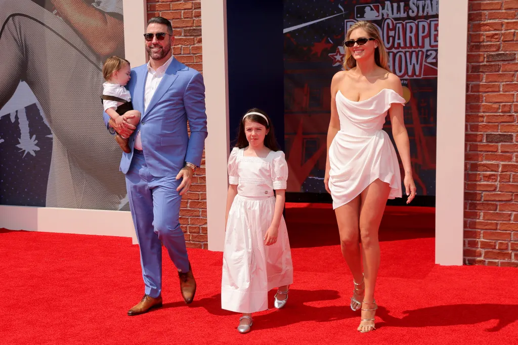 Justin Verlander and Kate Upton with their children on the All-Star Red Carpet Show.