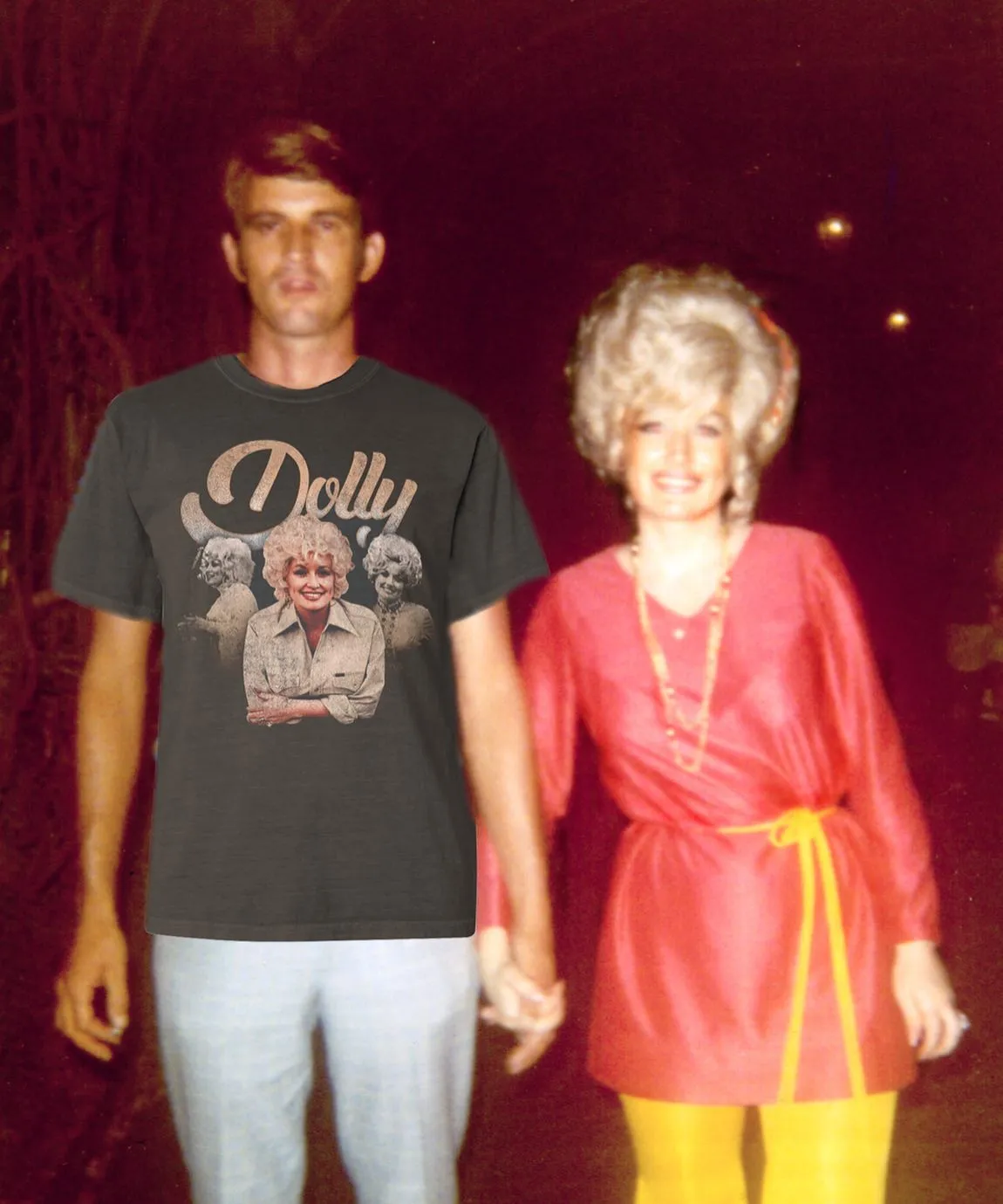 Illustration of a man wearing a Dolly Parton t-shirt holding hands with Dolly Parton.