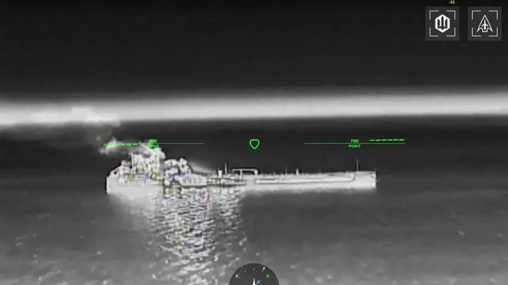 Drone footage of fire and smoke rising from an oil tanker at the Sea of Azov.