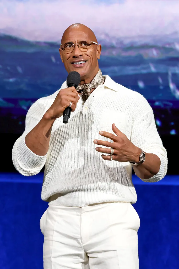 Dwayne Johnson speaking on stage at CinemaCon 2026.