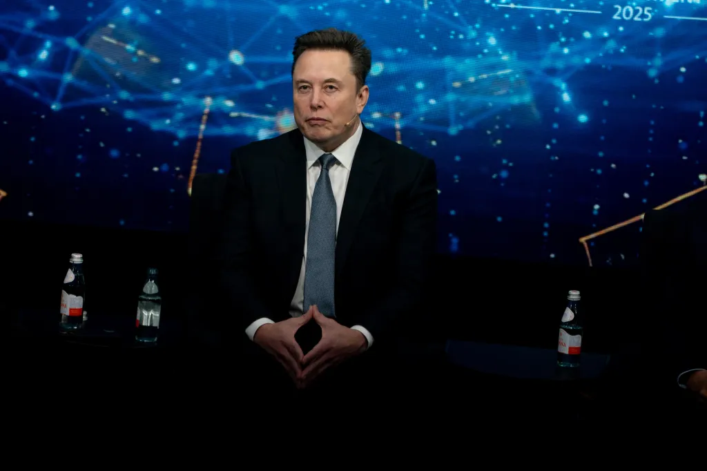 Elon Musk, CEO of Tesla Inc., sitting at the US-Saudi Investment Forum.