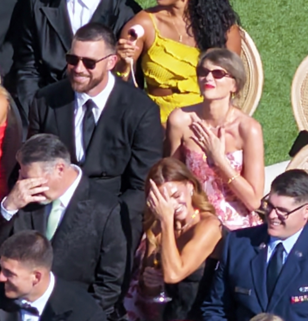 Taylor Swift and Travis Kelce in sunglasses, attending a wedding.