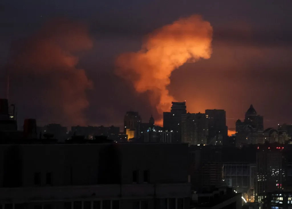 An explosion lights up the night sky over Kyiv, Ukraine, during a Russian drone and missile strike on July 2, 2026.
