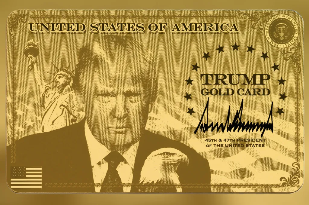 Gold-colored card featuring an image of Donald Trump, the Statue of Liberty, an eagle, and