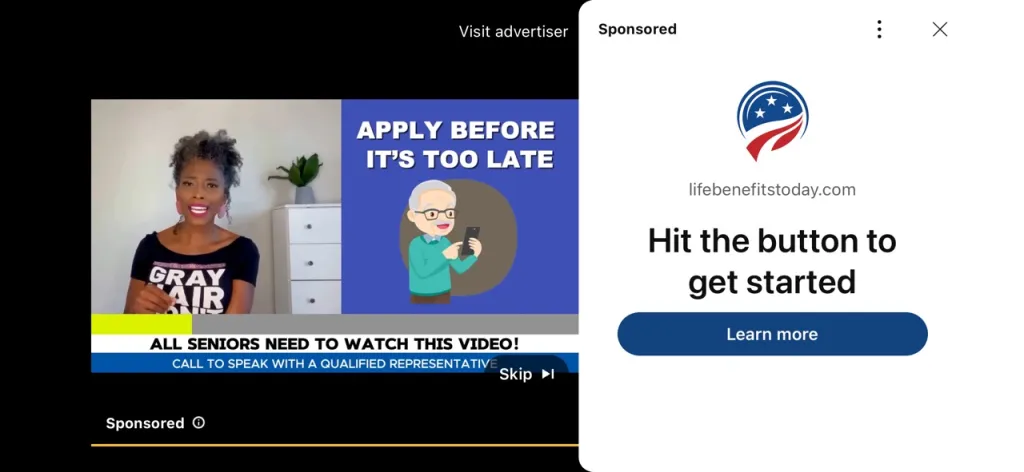 A collage of a video ad featuring a woman with grey hair and an animated senior man, next to a sponsored ad for lifebenefitstoday.com.