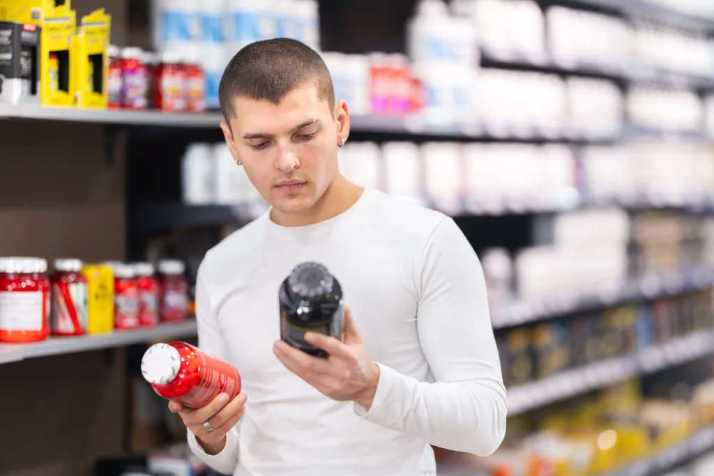 A young man examines bottles of vitamin supplements in a sports nutrition store.
