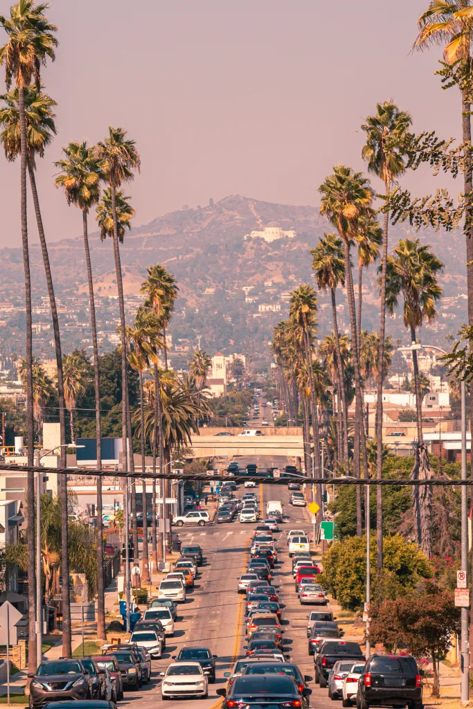 A four-lane street lined by tall palm trees as cars are idle at a traffic light and parked cars can be seen on both sides of the road. The street leads toward a distant mountain with hiking trails and buildings typical for Los Angeles under a hazy sky during the day.