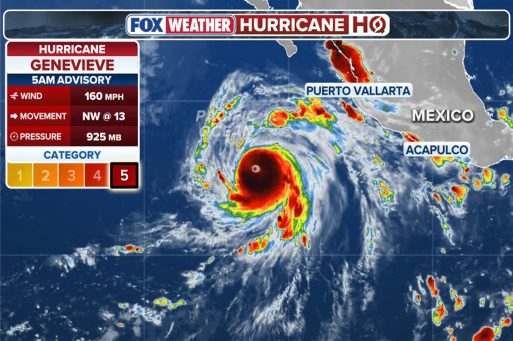 Hurricane Genevieve was roaring in the Pacific Ocean far from land Monday evening at the same time that the weakening Tropical Storm Fausto was bringing large surf to Hawaii.