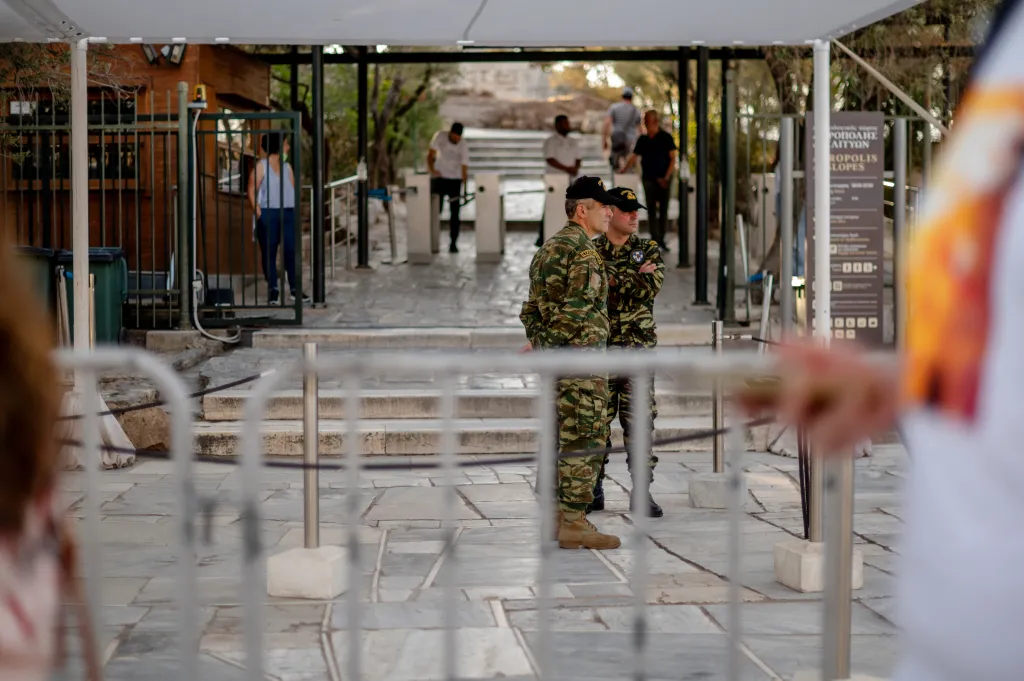 Military Police at the entrance to the Acropolis archeological site during high temperatures in Athens, Greece, on Thursday, July 18, 2024.