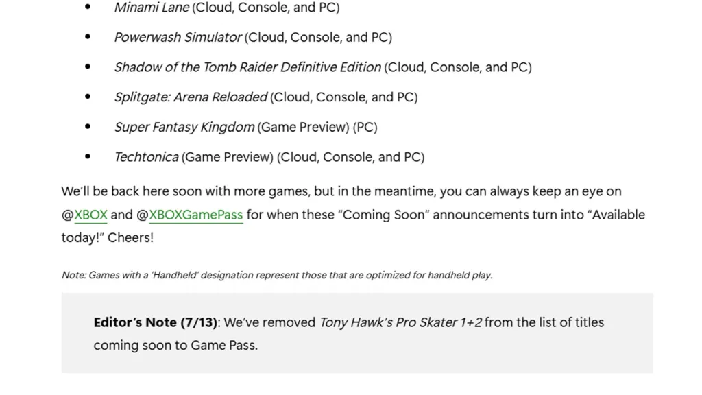 Game Pass Tony Hawk 1+2 Removed