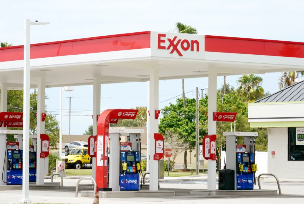 An Exxon gas station in Clearwater, Florida, featuring red and white branding and 