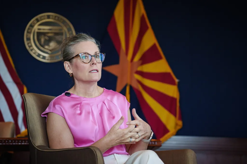 Arizona Gov. Katie Hobbs is interviewed at the Arizona state Capitol Executive Tower on June 2, 2026.