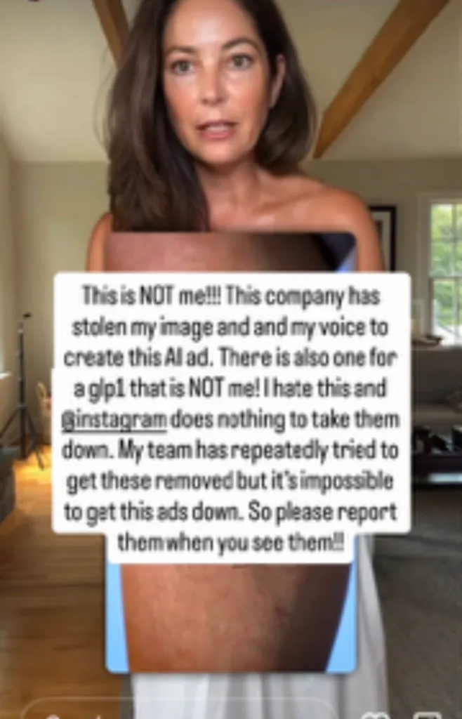 A woman's screenshot of an AI image showing her with a body that is not hers, overlaid with text explaining that her image and voice were stolen to create an AI ad.