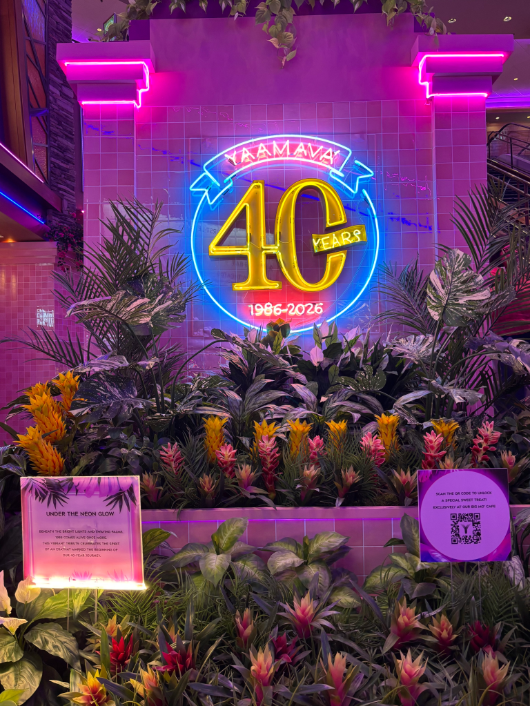 Neon sign for Yaamava' Resort & Casino's 40th anniversary, with 