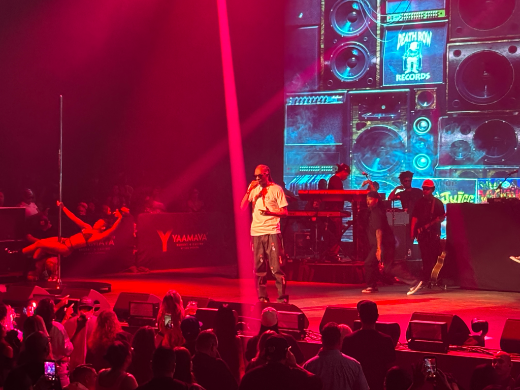 Snoop Dogg performing on stage, wearing sunglasses and a white t-shirt, with a pole dancer to his left and a band behind him.