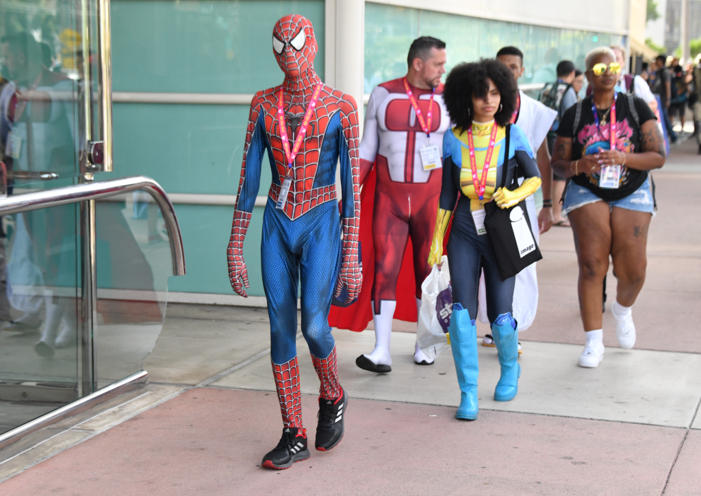 Cosplayers dressed as different characters outside Comic-Con in San Diego on July 24, 2026.