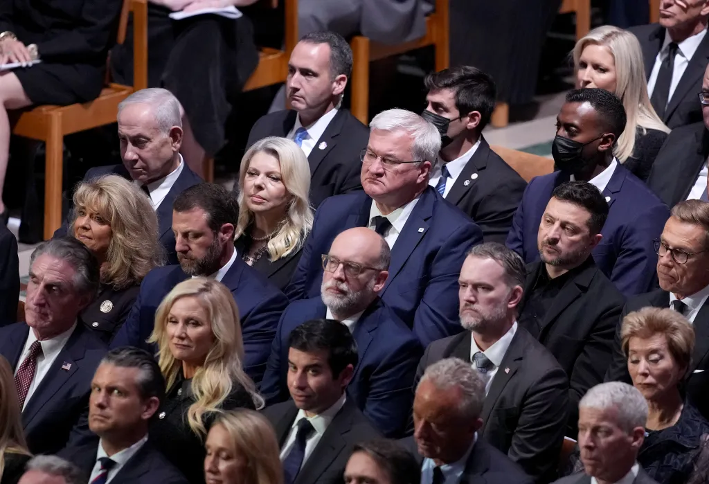 Israeli Prime Minister Benjamin Netanyahu, his wife Sara Netanyahu, Ukrainian Foreign Minister Andrii Sybiha, and Ukrainian President Volodymyr Zelensky attending the funeral of late U.S. Sen. Lindsey Graham.