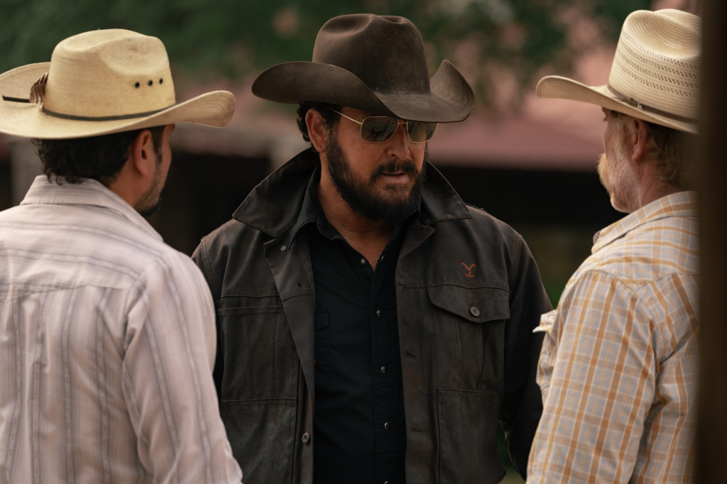 J.R. Villarreal as Azul, Cole Hauser as Rip Wheeler, and Marc Menchaca as Zachariah in season 1, episode 6, of Dutton Ranch.