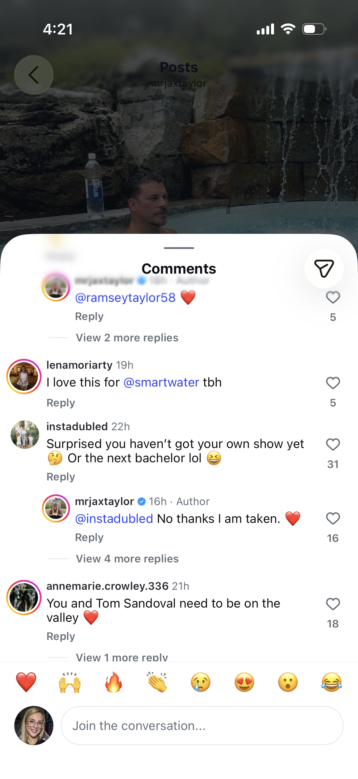 Screenshot of an Instagram post by @mrjaxtaylor in a hot tub with a Smartwater bottle, showing a comment where he says, 