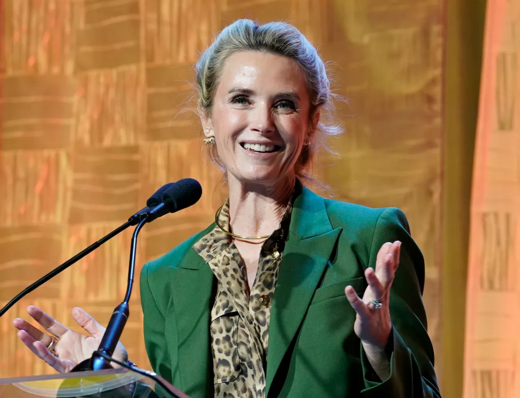 Jennifer Siebel Newsom speaking on stage at the 2024 California Conference For Women.