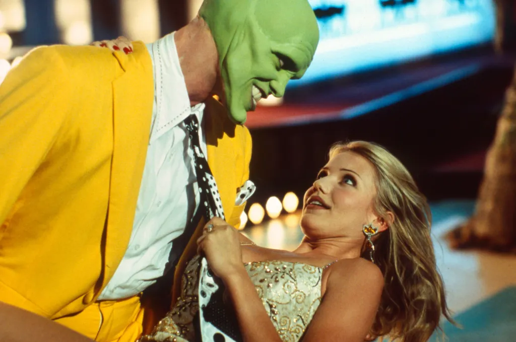 Jim Carrey as the green-faced Mask and Cameron Diaz in a golden dress from the film 