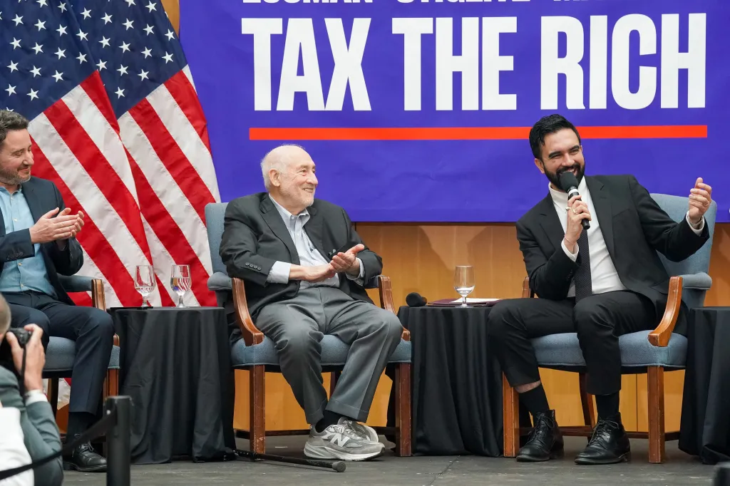 Gabriel Zuchman, Joseph Stiglitz, and NYC Mayor Mamdani speak at a Tax Day Forum.