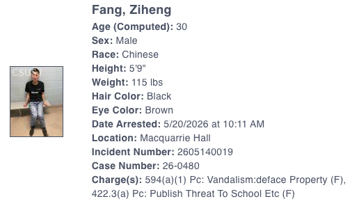 Mugshot and personal information of Ziheng Fang, including his age, sex, race, height, weight, hair color, eye color, arrest date, location, incident number, case number, and charges for vandalism and publishing threats.