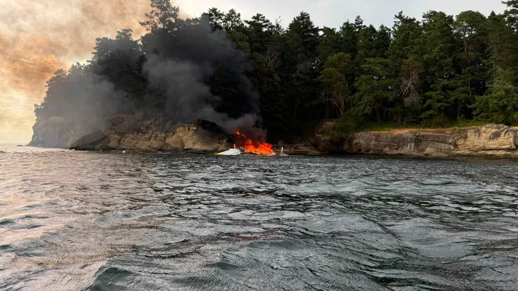 A floatplane carrying 10 passengers and a pilot burst into flames as it crash-landed while trying to make an emergency landing in the waters off a Washington island Thursday