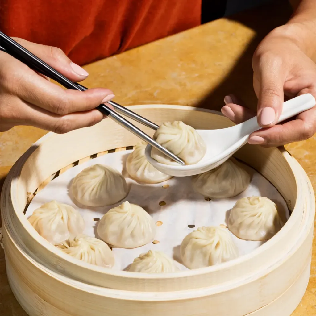 A hand using chopsticks to pick up a Kurobuta pork xiao long bao from a white spoon, with a bamboo steamer filled with more dumplings in the foreground.