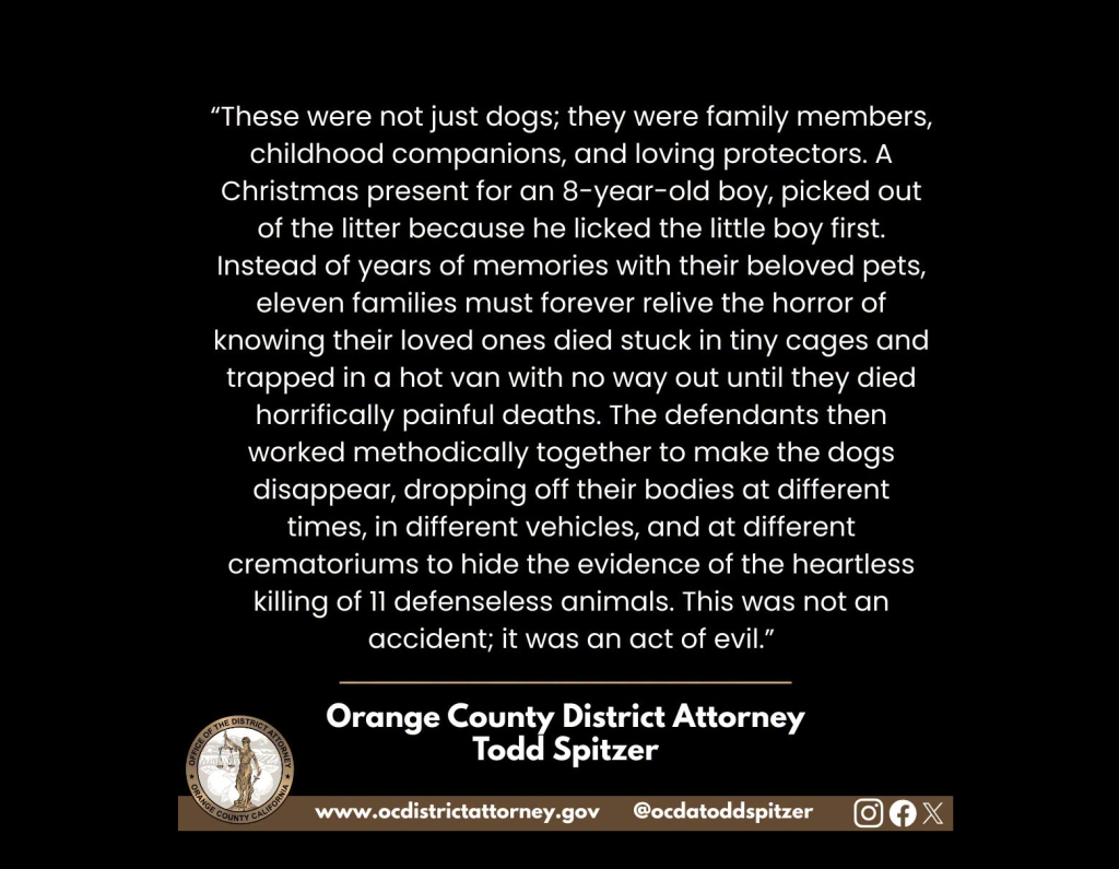Text on a black background, detailing the tragic deaths of 11 dogs in a hot van and the subsequent cover-up, attributed to Orange County District Attorney Todd Spitzer.