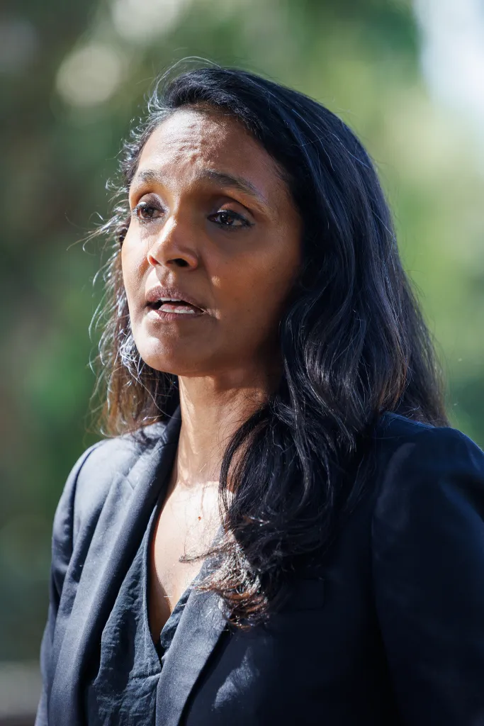LA Mayoral candidate Nithya Raman speaking at a press conference.