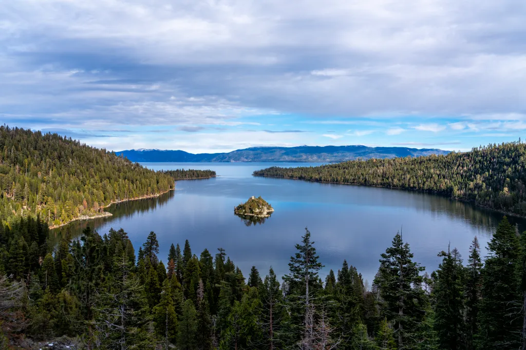 Lake Tahoe with Fannette Island in the middle.