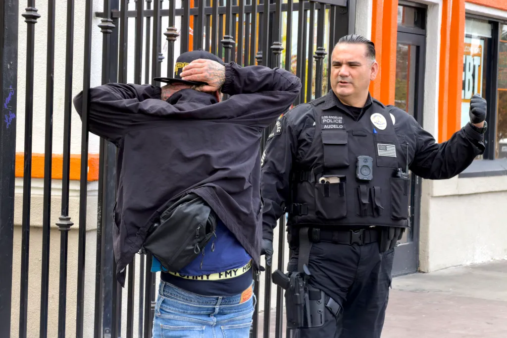 LAPD officers search a man near MacArthur Park in Los Angeles.