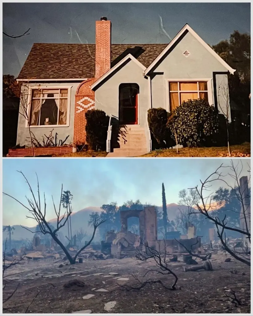 Collage of a house before and after a fire, showing the intact blue house and then the burnt remains.