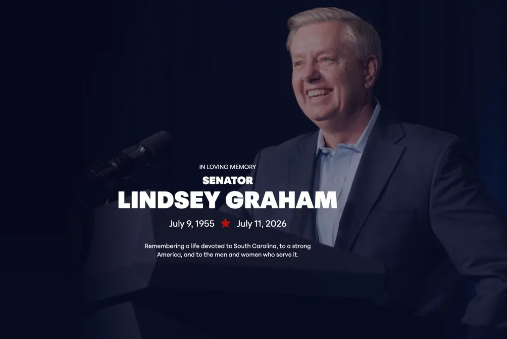 A memorial graphic for Senator Lindsey Graham featuring his smiling portrait, with text