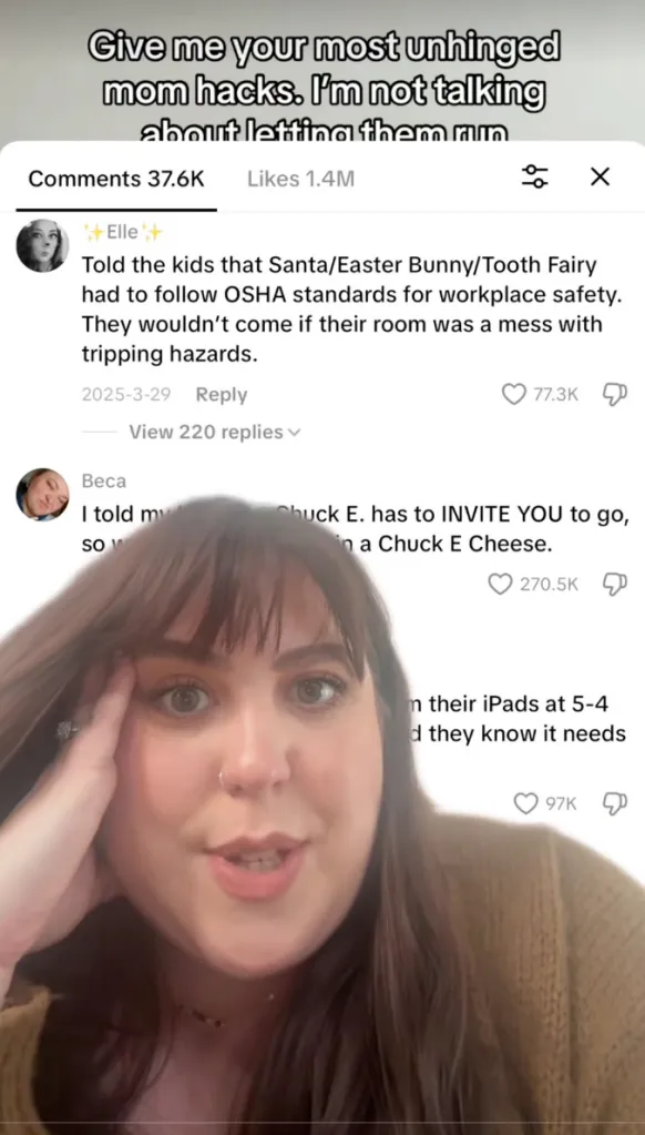 A woman looking at the camera with text overlays from a TikTok video about 